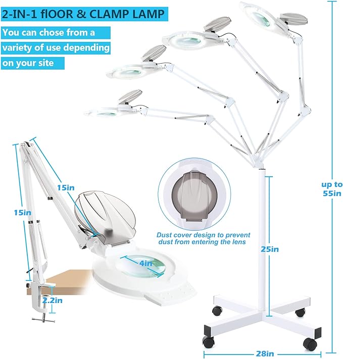 10X Magniyfing Floor Lamp with 4 Wheel Rolling Base for Estheticians 2,200 Lumens LED Magnifier Lighted Glass Lens, Adjustable Stand & Swivel Arm Floor Lamp for Reading, Crafts, Tasks-White - LeafyLoom