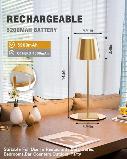 2 Pack Cordless Table lamp, 5200mAh Battery Operated Lamp,3 Color Stepless Dimming Desk Lamp,IP54 Waterproof Outdoor Table Lamps for Restaurant/Bedroom/Bars/Camping/Cafe Night Light (Gold-2) - LeafyLoom