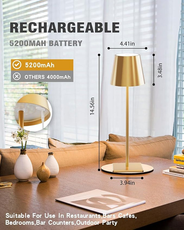 2 Pack Cordless Table lamp, 5200mAh Battery Operated Lamp,3 Color Stepless Dimming Desk Lamp,IP54 Waterproof Outdoor Table Lamps for Restaurant/Bedroom/Bars/Camping/Cafe Night Light (Gold-2) - LeafyLoom