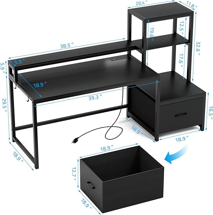 GreenForest Computer Desk with Drawer and Printer Shelf, 59 inch Gaming Desk with LED Lights and Power Outlets, Home Office Desk with Storage for Study Writing Working,Black - LeafyLoom