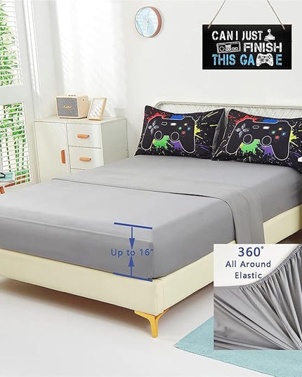 KAKKI 5 Piece Boys Full Gamer Comforter Set with Sheets, 3D Colorful Video Game Controller Comforter for Kids Teen, All Season Soft Microfiber Gaming Bedding Set(Black,Full) - LeafyLoom
