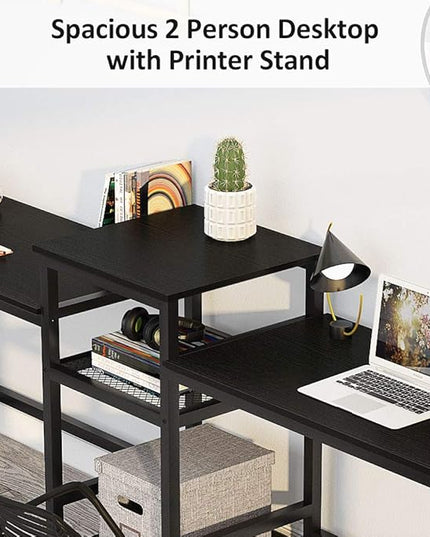 Tribesigns 96.9" Double Computer Desk with Printer Shelf, Extra Long Two Person Desk Workstation with Storage Shelves, Large Office Desk Study Writing Table for Home Office (Black) - LeafyLoom