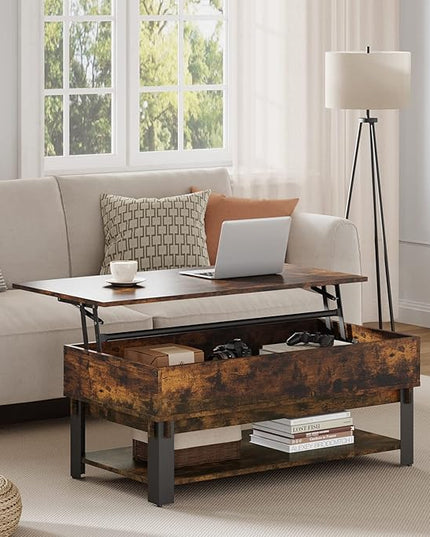 Novilla Modern Lift Top Coffee Table with Storage for Living Room Wodden Lift Tabletop Dining Table with Hidden Compartment and Metal Frame 40 Inch, Rustic Brown - LeafyLoom
