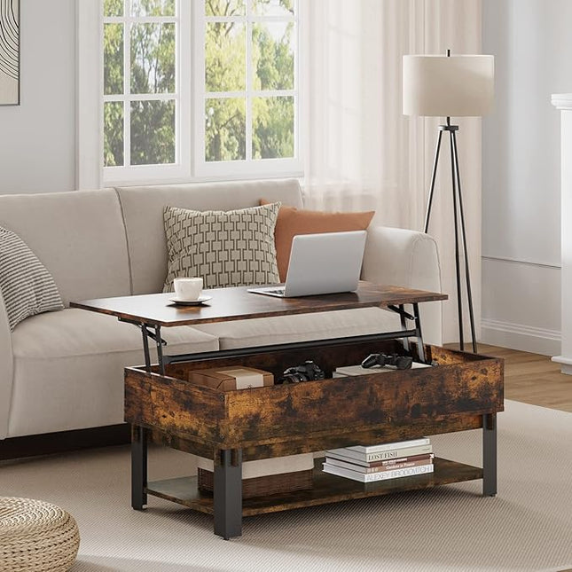 Novilla Modern Lift Top Coffee Table with Storage for Living Room Wodden Lift Tabletop Dining Table with Hidden Compartment and Metal Frame 40 Inch, Rustic Brown - LeafyLoom
