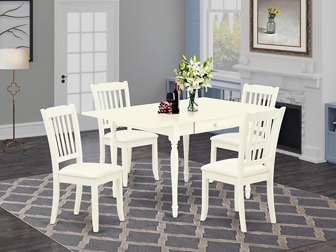 East West Furniture MZDA5-LWH-C Monza 5 Piece Room Set Includes a Rectangle Kitchen Table with Dropleaf and 4 Linen Fabric Upholstered Dining Chairs, 36x54 Inch - LeafyLoom