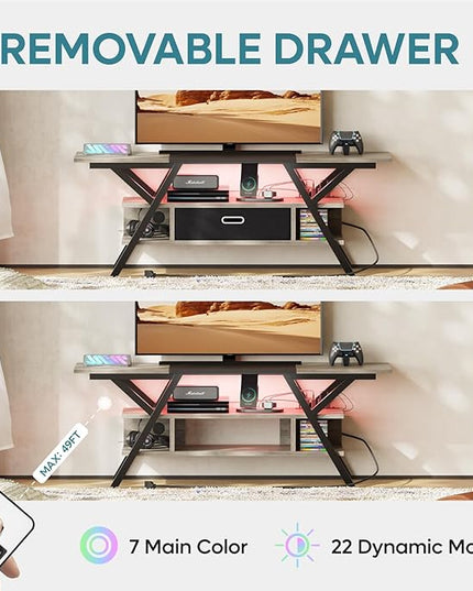 Bestier Gaming TV Stands for Living Room with Power Outlets LED Entertainment Center for TV up to 65 Inch 55” TV Game Console for Living Room Bedroom Removable Drawer 20 Dynamic RGB Modes, Wash Grey - LeafyLoom