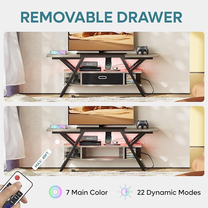Bestier Gaming TV Stands for Living Room with Power Outlets LED Entertainment Center for TV up to 65 Inch 55” TV Game Console for Living Room Bedroom Removable Drawer 20 Dynamic RGB Modes, Wash Grey - LeafyLoom