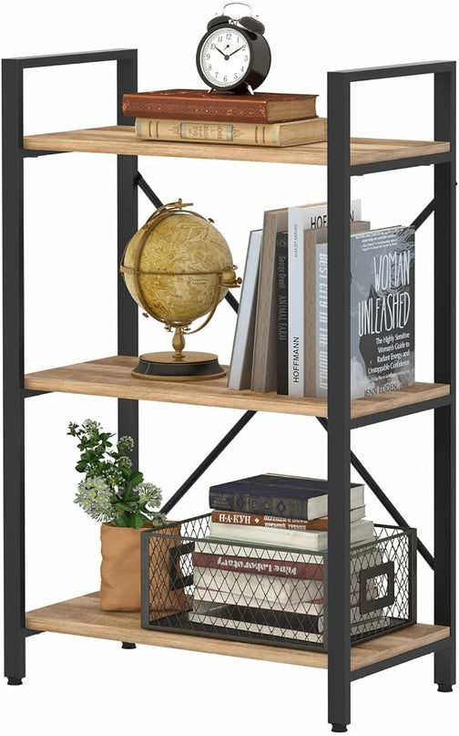 BON AUGURE Industrial 3 Tier Bookshelf, Rustic Small Book Shelves for Small Spaces, Short Wood Metal Etagere Bookcase for Living Room, Bedroom and Office (Vintage Oak) - LeafyLoom