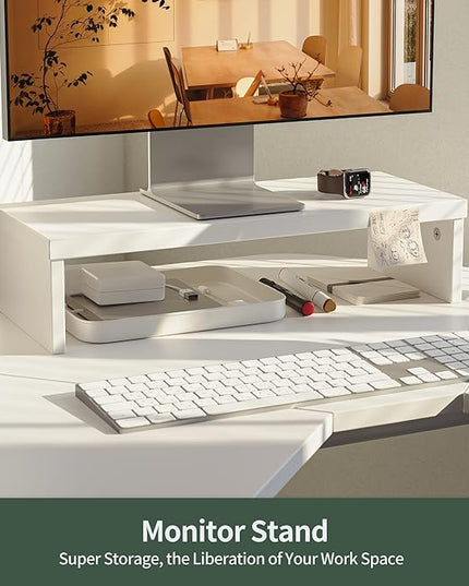 FEZIBO Corner Standing Desk, 48 Inches L Shaped Standing Desk, Electric Stand Up Corner Desk, Home Office Sit Stand Desk with White Top and White Frame - LeafyLoom