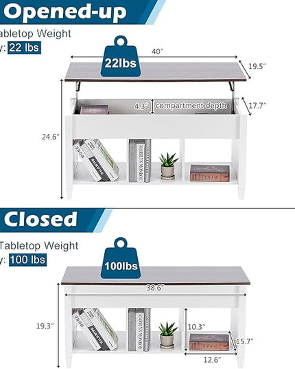 VINGLI Lift Top Coffee Table, White Coffee Table with Lift Top, Lift Up Coffee Table with Storage Shelf/Hidden Compartment, Gas Lift Coffee Table Mesa De Centro Para Sala Pop Up Coffee Table - LeafyLoom