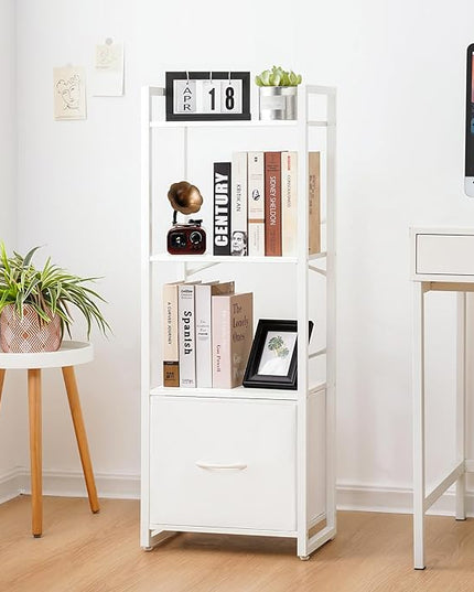 Yoobure Bookshelf, 4 Tier Book Shelf with Drawer, Small Bookcase Narrow Book Case, Industrial Bookshelves Shelf for Bedroom Living Room Office, Book Storage Organizer for CD/Movie White - LeafyLoom