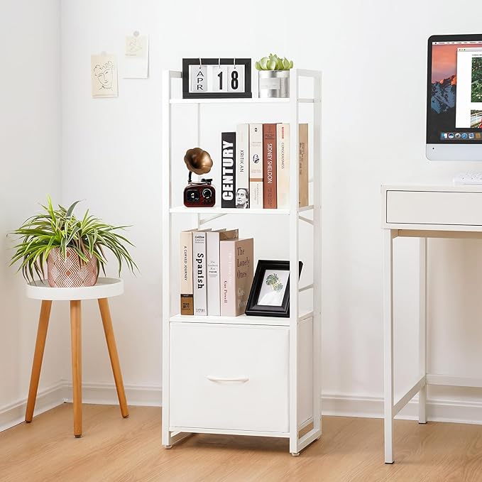 Yoobure Bookshelf, 4 Tier Book Shelf with Drawer, Small Bookcase Narrow Book Case, Industrial Bookshelves Shelf for Bedroom Living Room Office, Book Storage Organizer for CD/Movie White - LeafyLoom