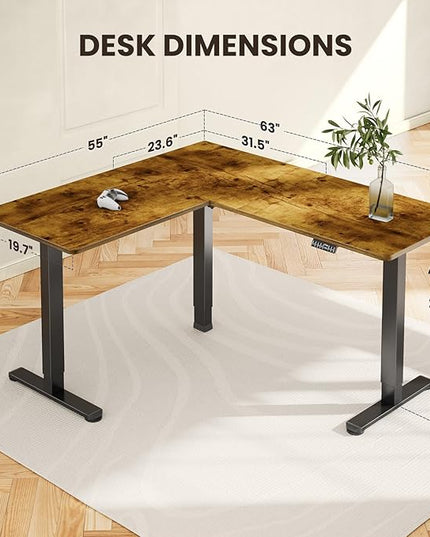 ErGear 63" Dual Motor L Shaped Standing Desk, 28"-46" Electric Height Adjustable, 2 Assembly Options to Fit Room Corner, Suitable for Sitting or Standing Up for Working or Gaming from Home, Vintage - LeafyLoom