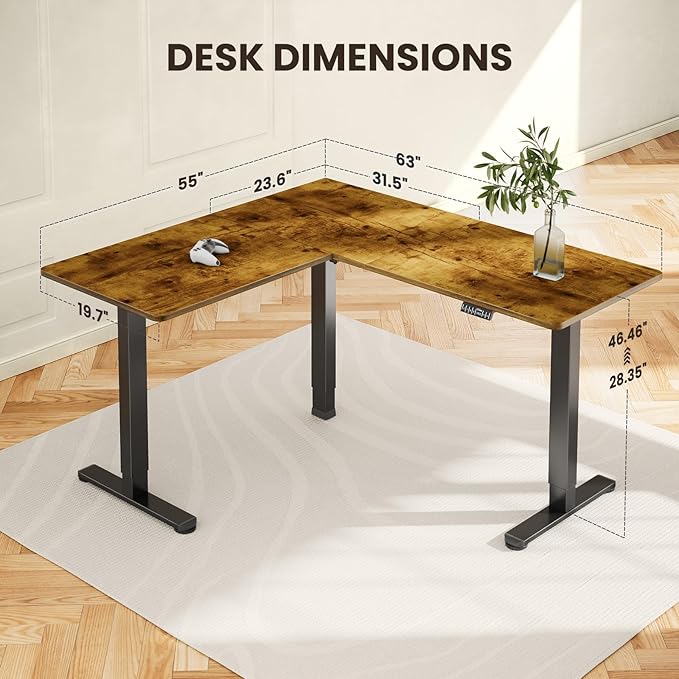 ErGear 63" Dual Motor L Shaped Standing Desk, 28"-46" Electric Height Adjustable, 2 Assembly Options to Fit Room Corner, Suitable for Sitting or Standing Up for Working or Gaming from Home, Vintage - LeafyLoom