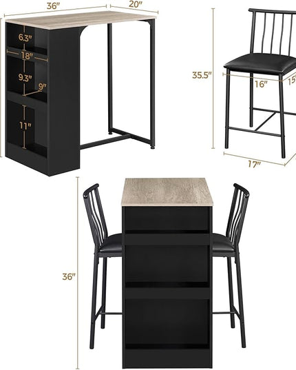 Yaheetech 3-Piece Dining Table Set, Counter Height Bar Table Set for 2, Compact Kitchen Table Set with 3-layer Side Storage Shelf for Kitchen Small Space, Black/Gray - LeafyLoom