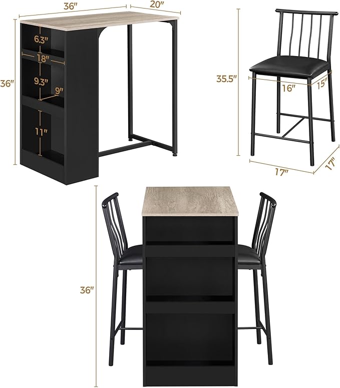 Yaheetech 3-Piece Dining Table Set, Counter Height Bar Table Set for 2, Compact Kitchen Table Set with 3-layer Side Storage Shelf for Kitchen Small Space, Black/Gray - LeafyLoom
