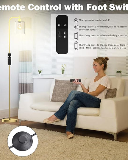 PAZZO LED Floor Lamp, Industrial Standing Lamp with Glass Lampshade, Ideal for Living Room, Bedroom, and Office,Gold(includes Remote Control) - LeafyLoom