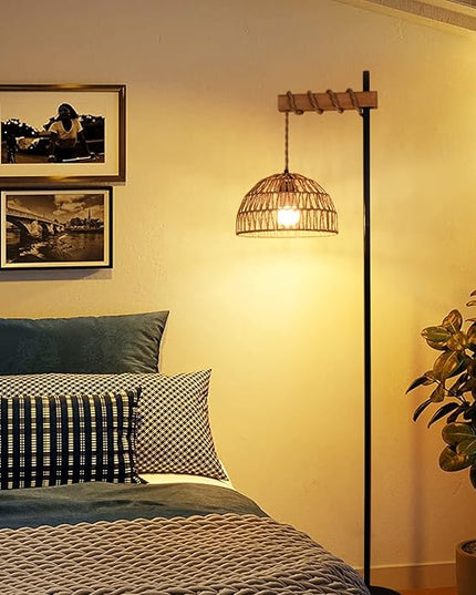Floor Lamp for Living Room with 3 Color Temperatures and Stepless Dimmer, Smart Floor Lamp with Remote Control & APP, Tall Standing Lamp with Rattan Lampshade, Farmhouse Floor Lamps for Bedroom Office - LeafyLoom