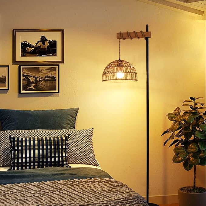 Floor Lamp for Living Room with 3 Color Temperatures and Stepless Dimmer, Smart Floor Lamp with Remote Control & APP, Tall Standing Lamp with Rattan Lampshade, Farmhouse Floor Lamps for Bedroom Office - LeafyLoom