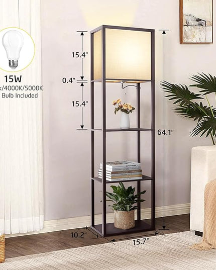 Floor Lamp with Shelves Plus, 4-Tier Modern Shelf Floor Lamp with 2700 4000K 5000K Color Selectable, Display Lamp for Living Room Bedroom Office, 15W LED Bulb(Walnut). - LeafyLoom