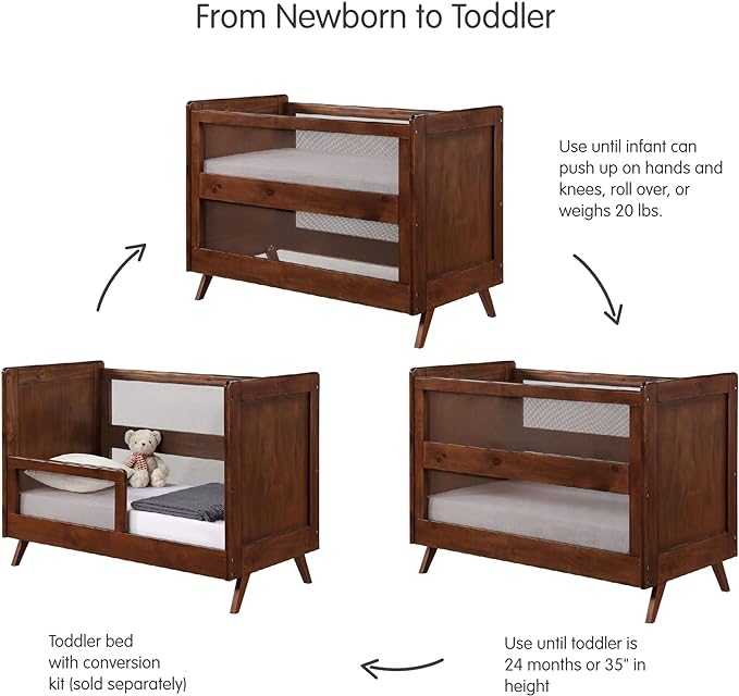 BreathableBaby Breathable Mesh 3-in-1 Convertible Crib (Toddler Bed Kit Sold Separately) — Walnut — Two Adjustable Mattress Heights — Greenguard Gold Certified - LeafyLoom