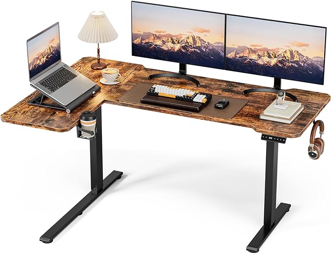 59" Reversiable L-Shaped Electric Standing Desk Adjustable Height Gaming Stand Up Corner Desk Sit Stand Home Office Computer Desk with Splice Board,Rustic Brown Top - LeafyLoom