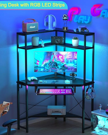 Corner Desk with Hutch and LED Lights, Corner Computer Desk with Keyboard Tray and Monitor Stand, Small Computer Desk for Small Spaces, Home Office - LeafyLoom