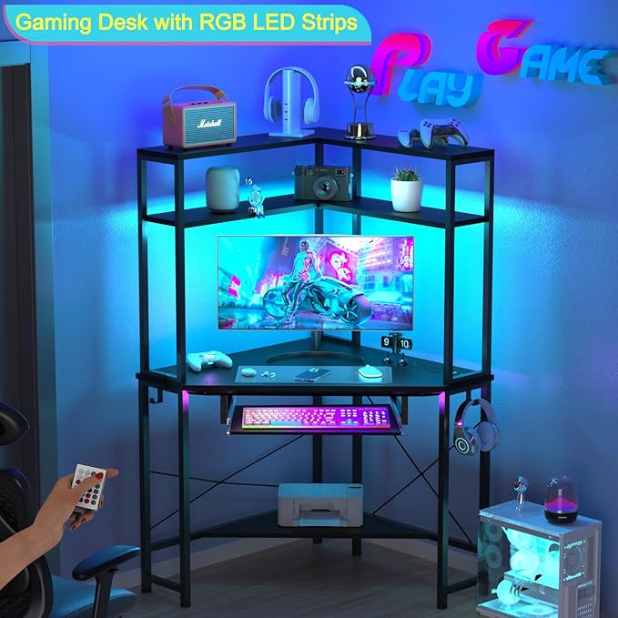 Corner Desk with Hutch and LED Lights, Corner Computer Desk with Keyboard Tray and Monitor Stand, Small Computer Desk for Small Spaces, Home Office - LeafyLoom