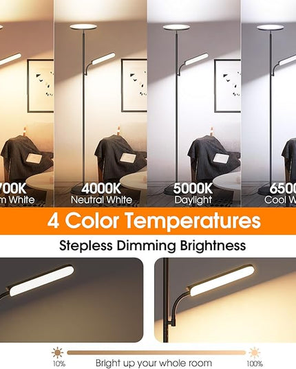 LED Floor Lamp, 48W 4000LM Super Bright Torchiere Floor Lamp with Adjustable Reading Light, Dimmable Standing Lamp with Remote & Touch Control - LeafyLoom