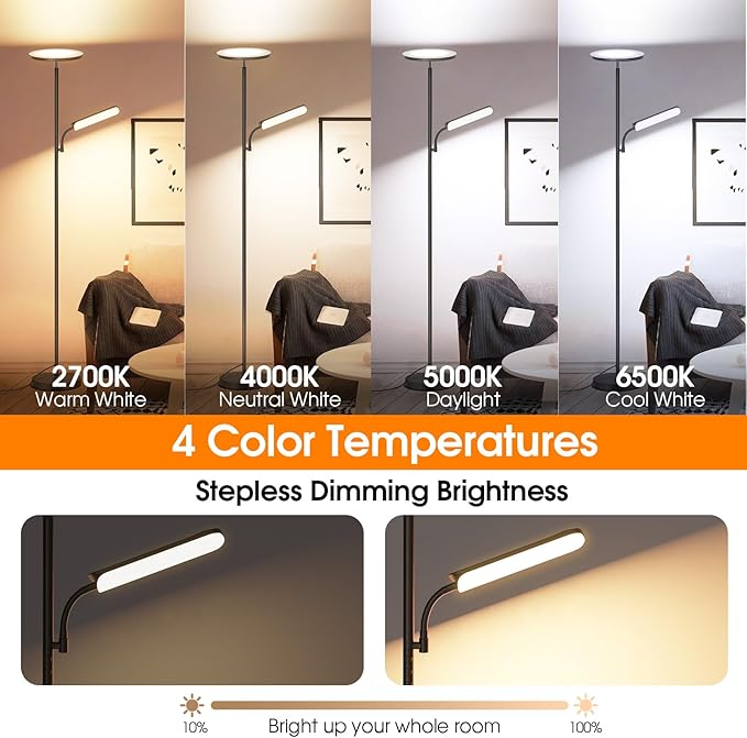 LED Floor Lamp, 48W 4000LM Super Bright Torchiere Floor Lamp with Adjustable Reading Light, Dimmable Standing Lamp with Remote & Touch Control - LeafyLoom