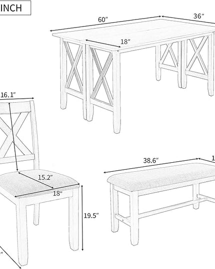 Dining Table Set for 6, 6-Piece Foldable Dining Room Set, Solid Wood Foldable Table and 4 Chairs with Bench for Dining Room, Living Room, Grey - LeafyLoom