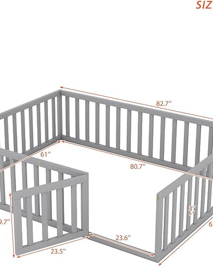 Multifunctional Queen Size Floor Bed with Safety Guardrails and Door, Montessori Sturdy Solid Wood Beds Frame, Easy Assembly and No Spring Need, for Boys and Girls Room, Gray - LeafyLoom