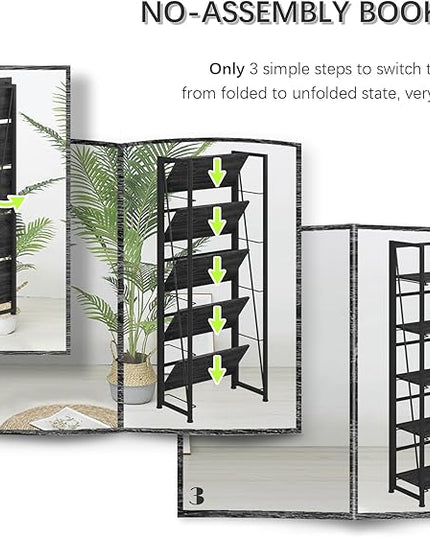 4NM No-Assembly Folding Bookshelf Storage Shelves 5 Tiers Vintage Bookcase Standing Racks Study Organizer Home Office (Gray) - LeafyLoom