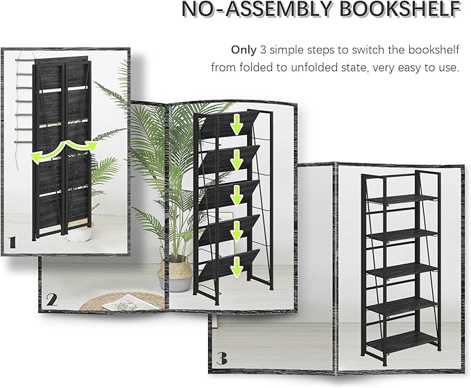 4NM No-Assembly Folding Bookshelf Storage Shelves 5 Tiers Vintage Bookcase Standing Racks Study Organizer Home Office (Gray) - LeafyLoom