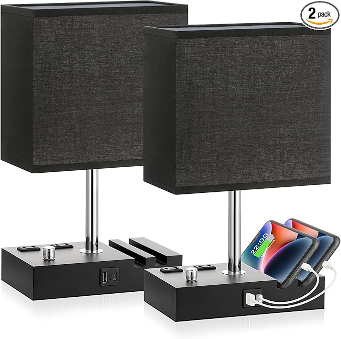 Fully Dimmable Bedside Lamps for Bedroom with USB C Ports, Kakanuo Black USB Table Lamp Set of 2, Wooden Desk Lamp with 2 Charging Outlets and Phone Stand for Nightstand and Living Room, Bulb Included - LeafyLoom