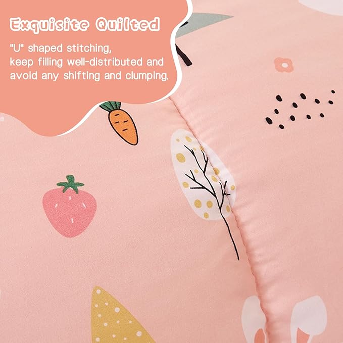 Pink Bunny Kids Comforter Set for Girls Twin, Cute Reversible Quilted Printed Woodland Bedding Set with Pillow Sham, Lightweight Soft Breathable Machine Washable Bed Set 2 Piece - LeafyLoom