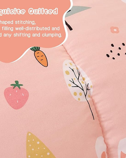 Pink Bunny Kids Comforter Set for Girls Full Size, Cute Reversible Quilted Printed Woodland Bedding Set with Pillow Sham, Lightweight Soft Breathable Machine Washable Bed Set 3 Piece - LeafyLoom