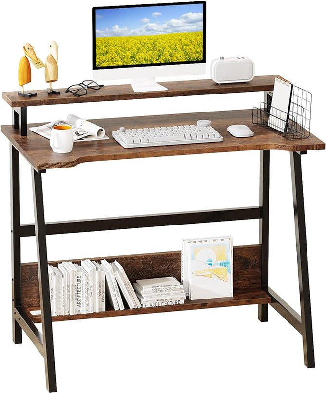 Computer Home Office Desk, 31.5" Desk for Small Spaces with Storage Shelf,Small Computer Desk with Monitor and Bookshelf, Modern Simple Style Laptop Desk - LeafyLoom