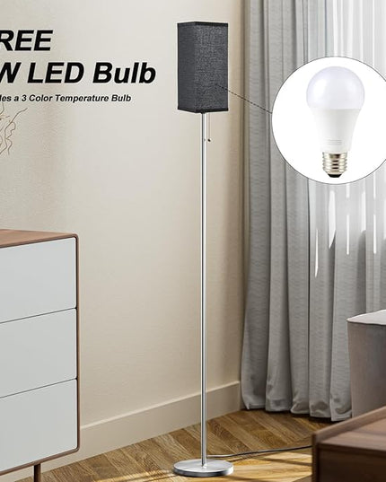 Floor Lamps for Living Room Bedroom - 3 Color Temperature Silver Standing Lamps with Pull Chain Switch, Modern Tall Lamp for Office Home Nursery, Pole Lamp with Black Lampshade for Reading - LeafyLoom