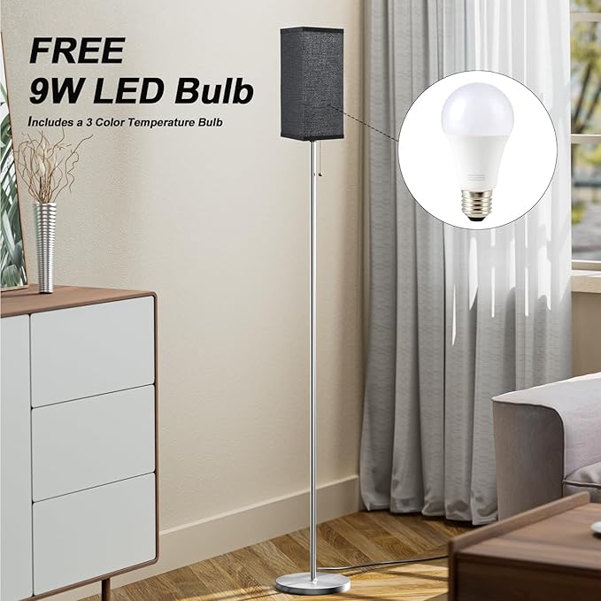 Floor Lamps for Living Room Bedroom - 3 Color Temperature Silver Standing Lamps with Pull Chain Switch, Modern Tall Lamp for Office Home Nursery, Pole Lamp with Black Lampshade for Reading - LeafyLoom