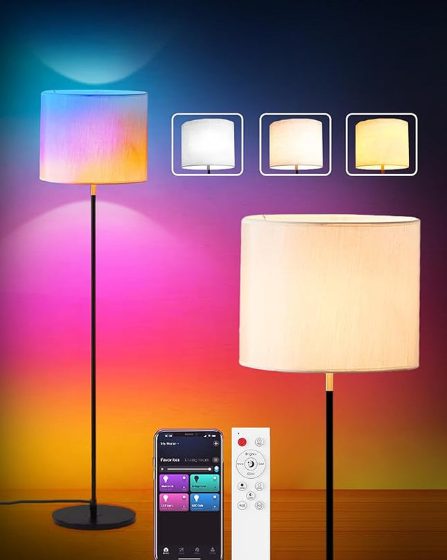 Led Floor Lamp for Living Room: Modern Standing Tall Floor Lamp for Bedroom - Smart APP Control - RGB Light 12 Colors with Decorative Lampshade - LeafyLoom