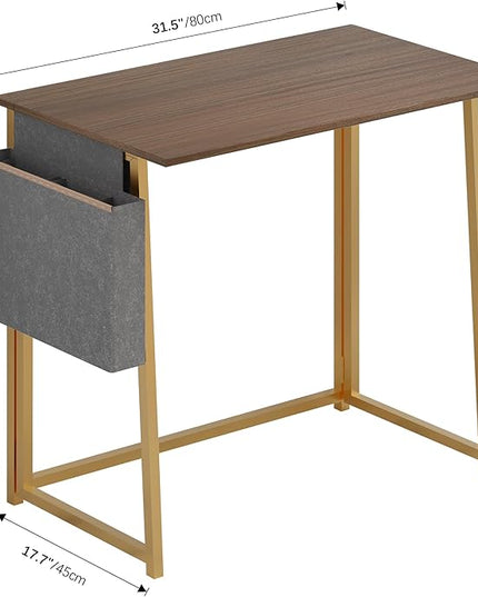 4NM 31.5" Small Desk with Storage Bag, Simple Assembly Folding Computer Desk Home Office Desk Study Writing Table for Small Space Offices - Brown and Golden - LeafyLoom