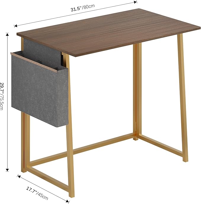 4NM 31.5" Small Desk with Storage Bag, Simple Assembly Folding Computer Desk Home Office Desk Study Writing Table for Small Space Offices - Brown and Golden - LeafyLoom