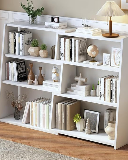 IOTXY Wooden Extendable Shelf Bookcase - 3-Tier Ladder Low Short Bookshelf for Small Space or Corner, White, L - LeafyLoom