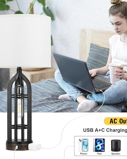 Table Lamp for Living Room - White Farmhouse Lamps for Night Stands with USB C+A, 3 Way Dimmable End Table Lamps Set of 2, Vintage Bedside Lamp for End Tables, Rustic Nightstand Lamps for Bedroom - LeafyLoom
