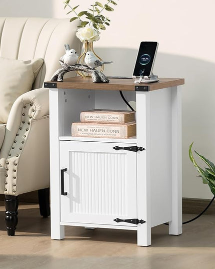 Nightstand with Charger Station and USB Port, 18 Inch Farmhouse Night Stand with Storage Shelf, Modern Couch Side Table with Magnetic Door, Bedside Tables for Bedroom, Home, Antique White - LeafyLoom