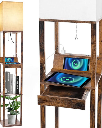 RUNTOP Floor Lamp with Shelves, Shelf Floor Lamp with Wireless Charger & 2 Charging USB Ports & Drawer, AC Outlet, 3 Color Temperature Tall Standing Lamp with Bulb for Living Room, Bedroom, Office - LeafyLoom