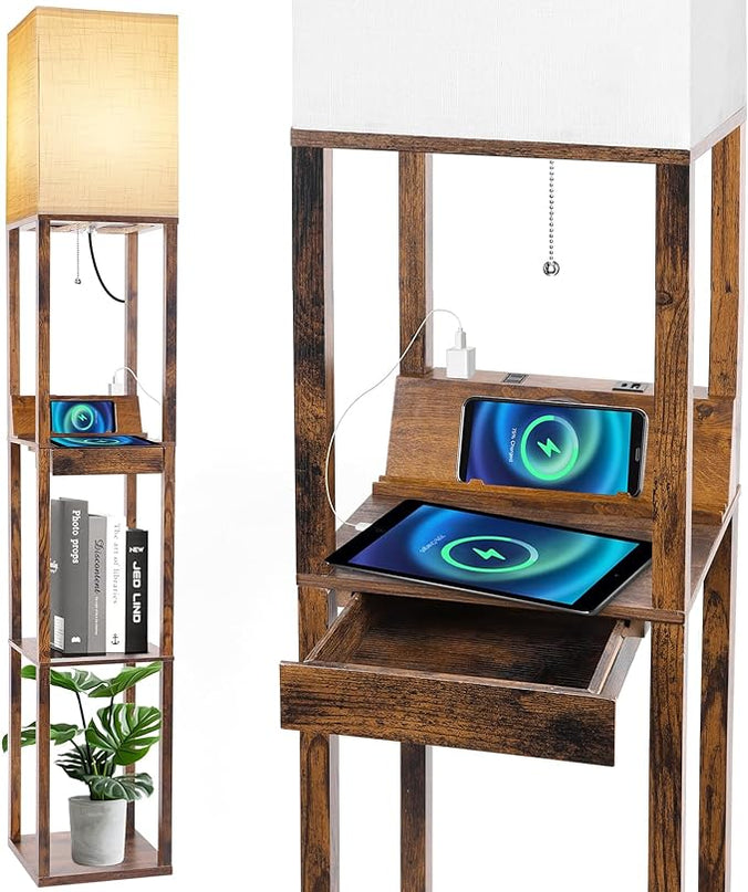 RUNTOP Floor Lamp with Shelves, Shelf Floor Lamp with Wireless Charger & 2 Charging USB Ports & Drawer, AC Outlet, 3 Color Temperature Tall Standing Lamp with Bulb for Living Room, Bedroom, Office - LeafyLoom