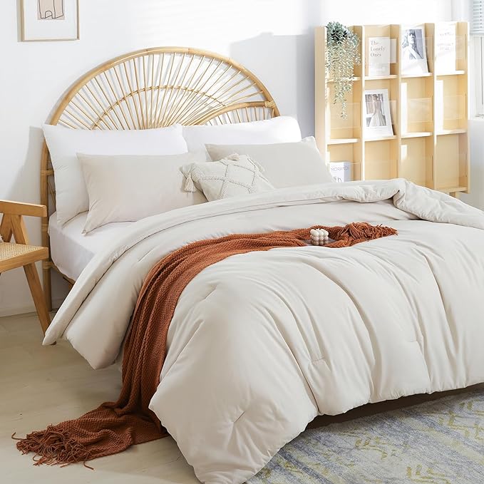 Beige Comforter Queen Size 3PCS Bed Comforter with 2 Pillowcases - Ligtweight Soft Solid All Season Queen Comforter Bed Set - Boho Aesthetic Bedding Set for Men and Women - LeafyLoom