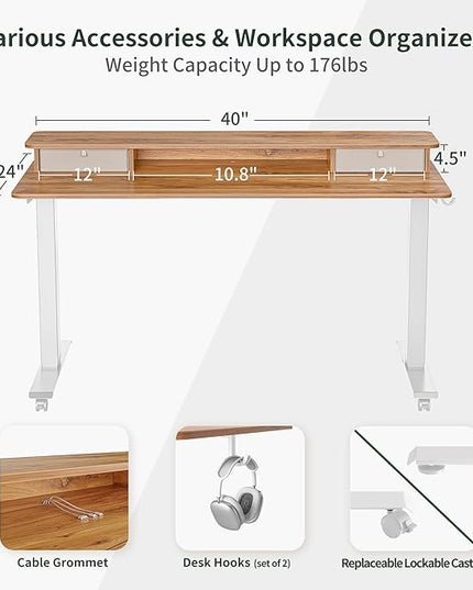 FEZIBO 40 x 24 Inch Height Adjustable Electric Standing Desk with Double Drawer, Stand Up Desk with Storage Shelf, Sit Stand Desk, Light Rustic - LeafyLoom